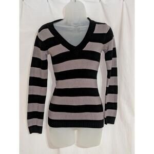 VTG Y2K Derek Heart Emo Scene Kid Gray & Black Striped Knit V Neck Sweater Sz S